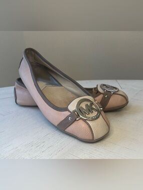 Michael Kors Two-Tone Pink and Beige Leather Logo Ballet Flats
